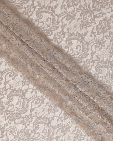 Champagne Beige Floral Scroll Pattern Sheer Synthetic Lace Fabric Elegant Designer Lace Material 110 Cms Width Indonesia Origin-D28528
