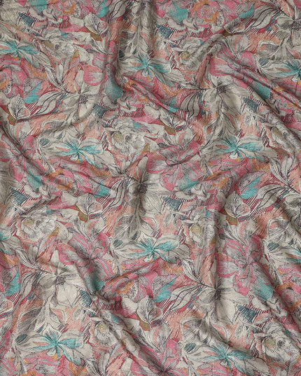 Coral Pink Sketch Floral Print Synthetic Crepe Fabric, 110 Cms Width, Made in India-D28297