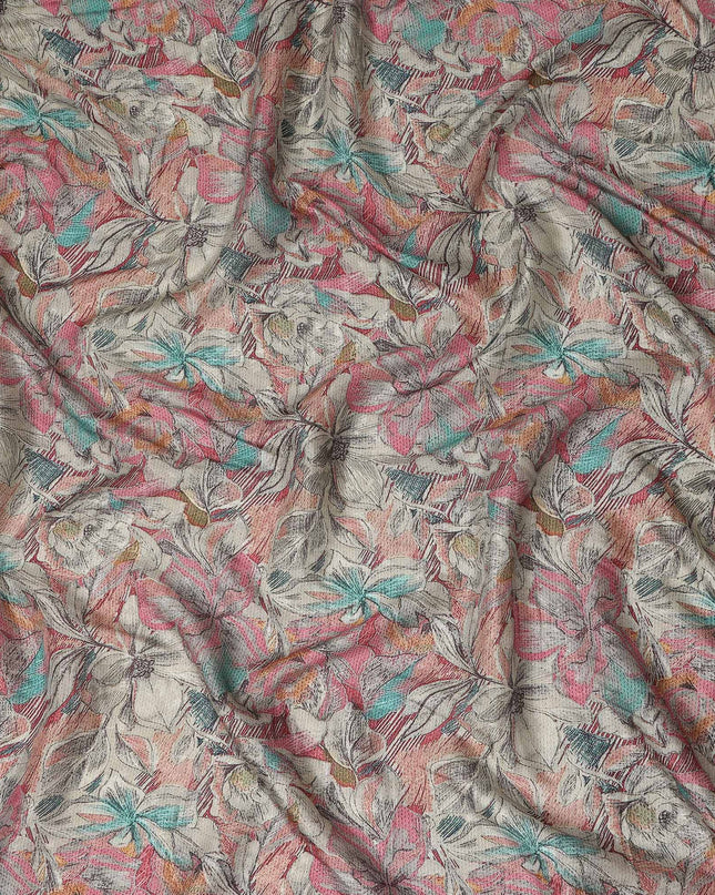 Coral Pink Sketch Floral Print Synthetic Crepe Fabric, 110 Cms Width, Made in India-D28297