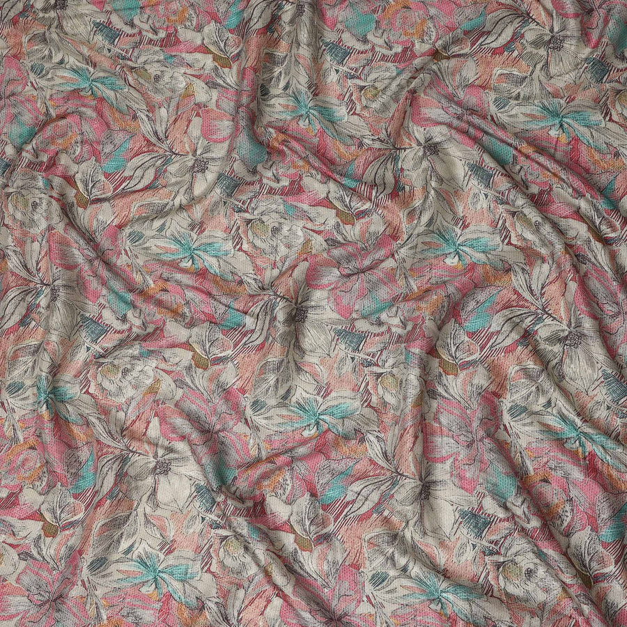 Coral Pink Sketch Floral Print Synthetic Crepe Fabric, 110 Cms Width, Made in India-D28297