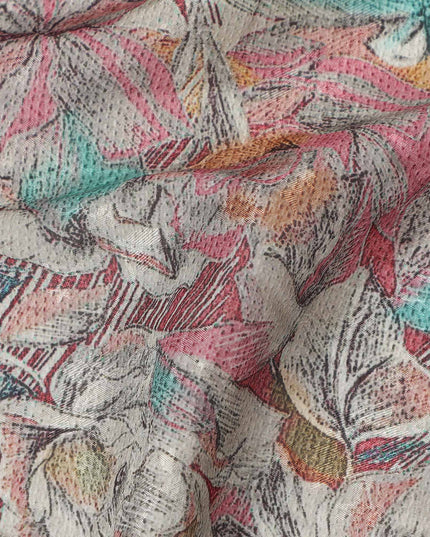 Coral Pink Sketch Floral Print Synthetic Crepe Fabric, 110 Cms Width, Made in India-D28297