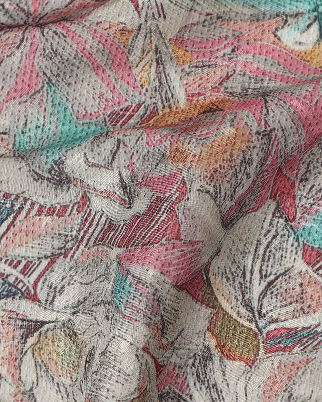 Coral Pink Sketch Floral Print Synthetic Crepe Fabric, 110 Cms Width, Made in India-D28297