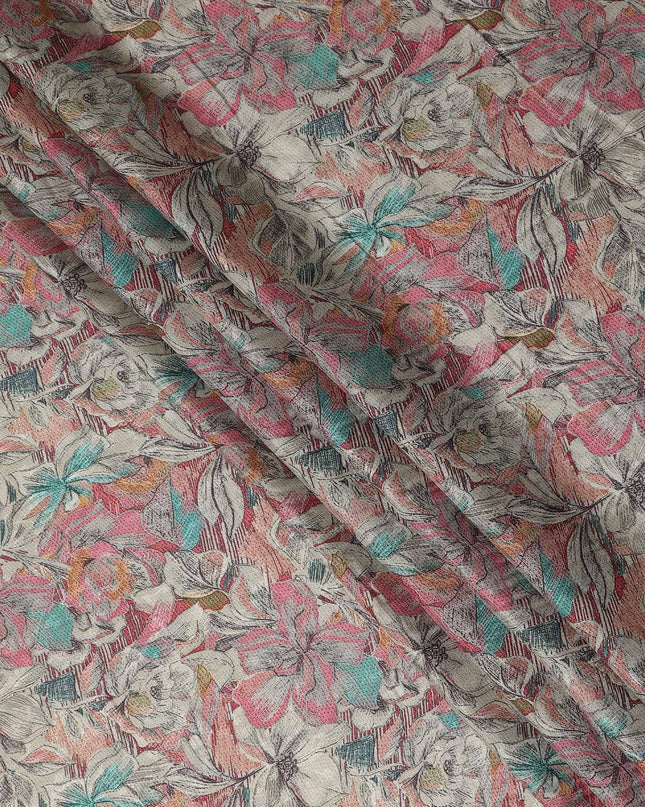 Coral Pink Sketch Floral Print Synthetic Crepe Fabric, 110 Cms Width, Made in India-D28297
