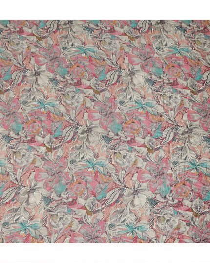 Coral Pink Sketch Floral Print Synthetic Crepe Fabric, 110 Cms Width, Made in India-D28297