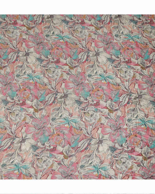 Coral Pink Sketch Floral Print Synthetic Crepe Fabric, 110 Cms Width, Made in India-D28297