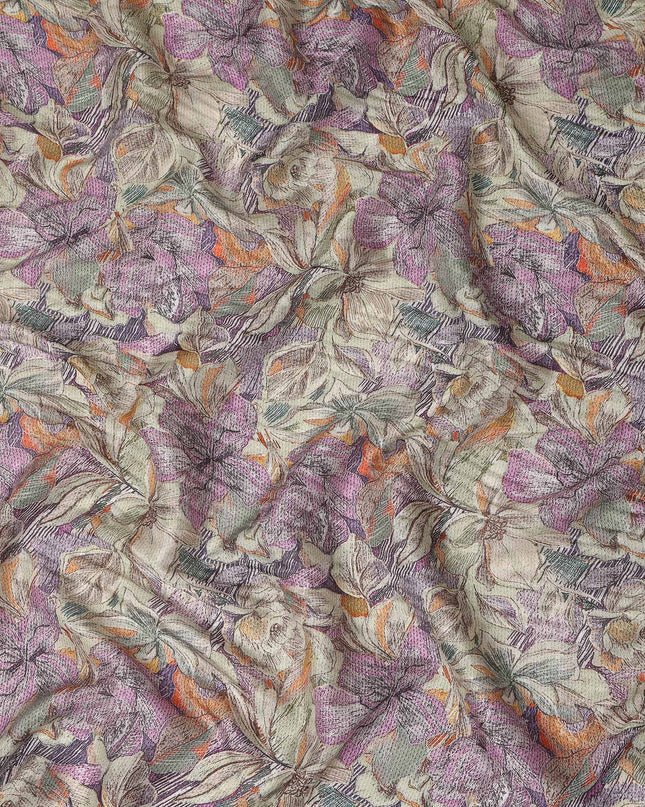 Lavender Multicolor Hand Drawn Floral Sketch Print Synthetic Crepe Fabric, 110 Cms Width, Made in India-D28307