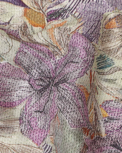 Lavender Multicolor Hand Drawn Floral Sketch Print Synthetic Crepe Fabric, 110 Cms Width, Made in India-D28307