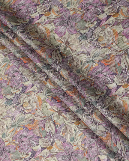 Lavender Multicolor Hand Drawn Floral Sketch Print Synthetic Crepe Fabric, 110 Cms Width, Made in India-D28307