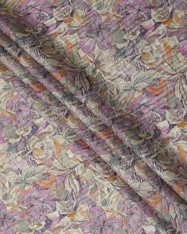 Lavender Multicolor Hand Drawn Floral Sketch Print Synthetic Crepe Fabric, 110 Cms Width, Made in India-D28307