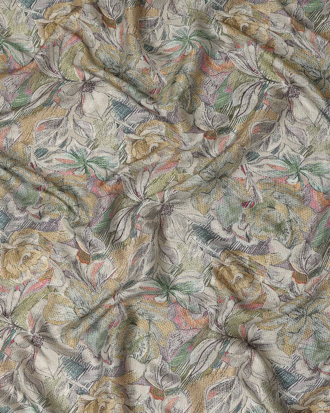 Cream Multicolor Abstract Floral Sketch Print Synthetic Crepe Fabric, 110 Cms Width, Made in India-D28306