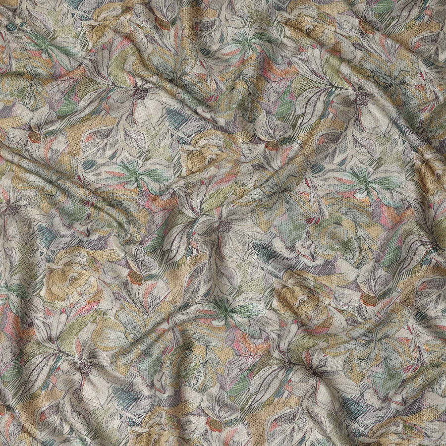 Cream Multicolor Abstract Floral Sketch Print Synthetic Crepe Fabric, 110 Cms Width, Made in India-D28306