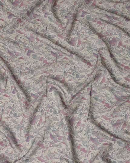Beige Vintage Damask Floral Scroll Print Synthetic Crepe Fabric, 110 Cms Width, Made in India-D28304