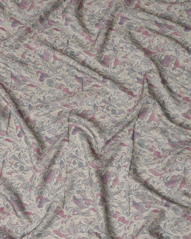 Beige Vintage Damask Floral Scroll Print Synthetic Crepe Fabric, 110 Cms Width, Made in India-D28304
