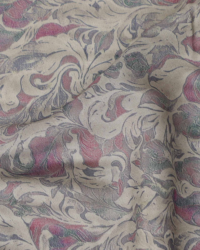 Beige Vintage Damask Floral Scroll Print Synthetic Crepe Fabric, 110 Cms Width, Made in India-D28304