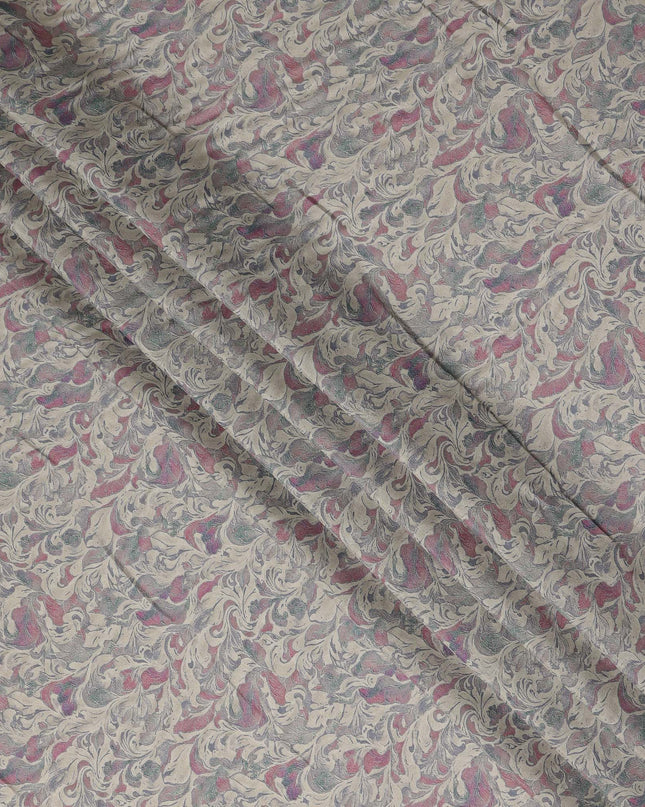 Beige Vintage Damask Floral Scroll Print Synthetic Crepe Fabric, 110 Cms Width, Made in India-D28304