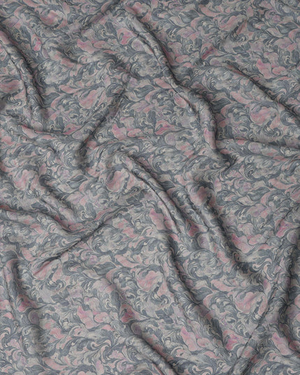 Charcoal Grey Vintage Damask Floral Print Synthetic Crepe Fabric, 110 Cms Width, Made in India-D28303
