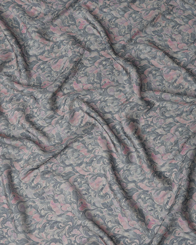 Charcoal Grey Vintage Damask Floral Print Synthetic Crepe Fabric, 110 Cms Width, Made in India-D28303