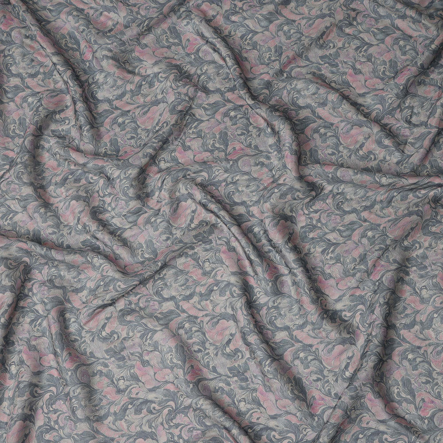 Charcoal Grey Vintage Damask Floral Print Synthetic Crepe Fabric, 110 Cms Width, Made in India-D28303