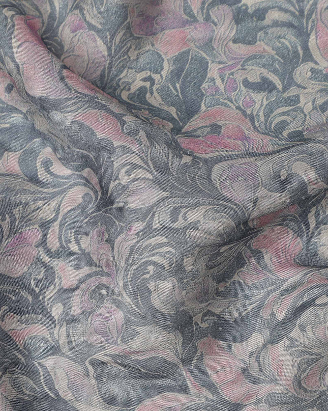 Charcoal Grey Vintage Damask Floral Print Synthetic Crepe Fabric, 110 Cms Width, Made in India-D28303
