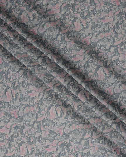 Charcoal Grey Vintage Damask Floral Print Synthetic Crepe Fabric, 110 Cms Width, Made in India-D28303