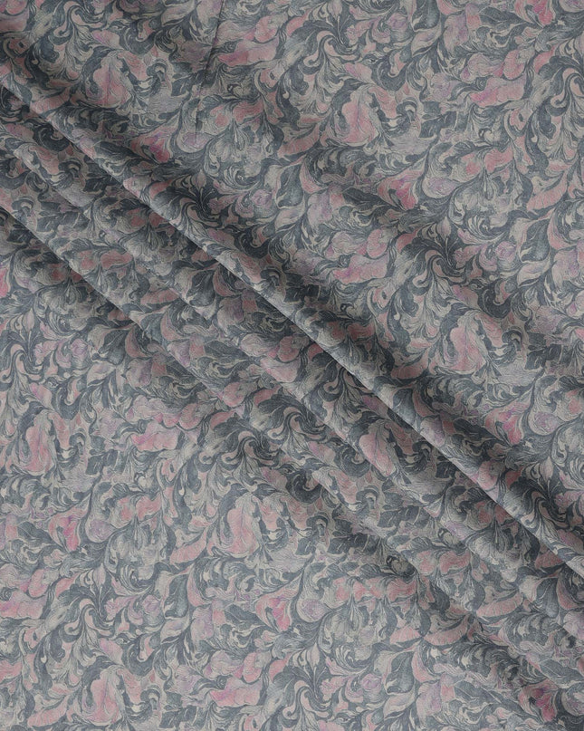 Charcoal Grey Vintage Damask Floral Print Synthetic Crepe Fabric, 110 Cms Width, Made in India-D28303