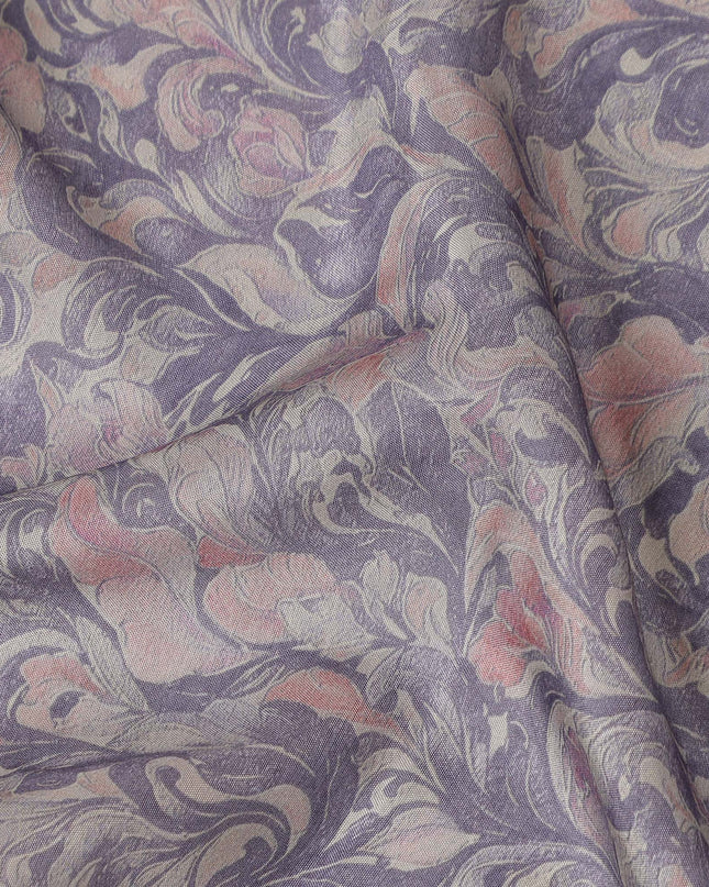 Lavender Grey Vintage Damask Floral Scroll Print Synthetic Crepe Fabric, 110 Cms Width, Made in India-D28305