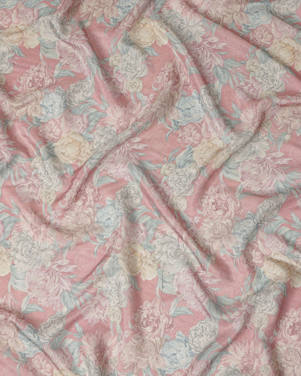 Blush Pink Vintage Peony Floral Print Synthetic Crepe Fabric, 110 Cms Width, Made in India-D28298