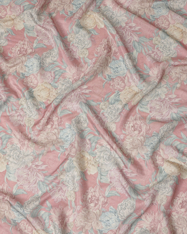 Blush Pink Vintage Peony Floral Print Synthetic Crepe Fabric, 110 Cms Width, Made in India-D28298
