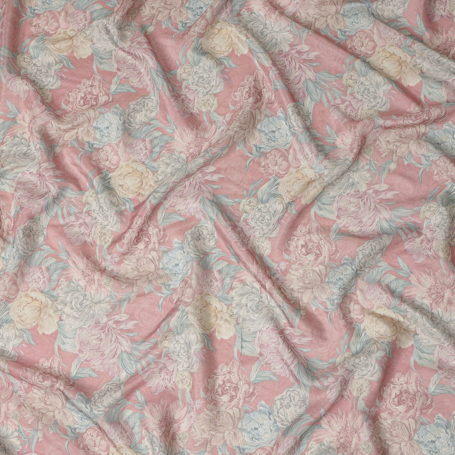Blush Pink Vintage Peony Floral Print Synthetic Crepe Fabric, 110 Cms Width, Made in India-D28298