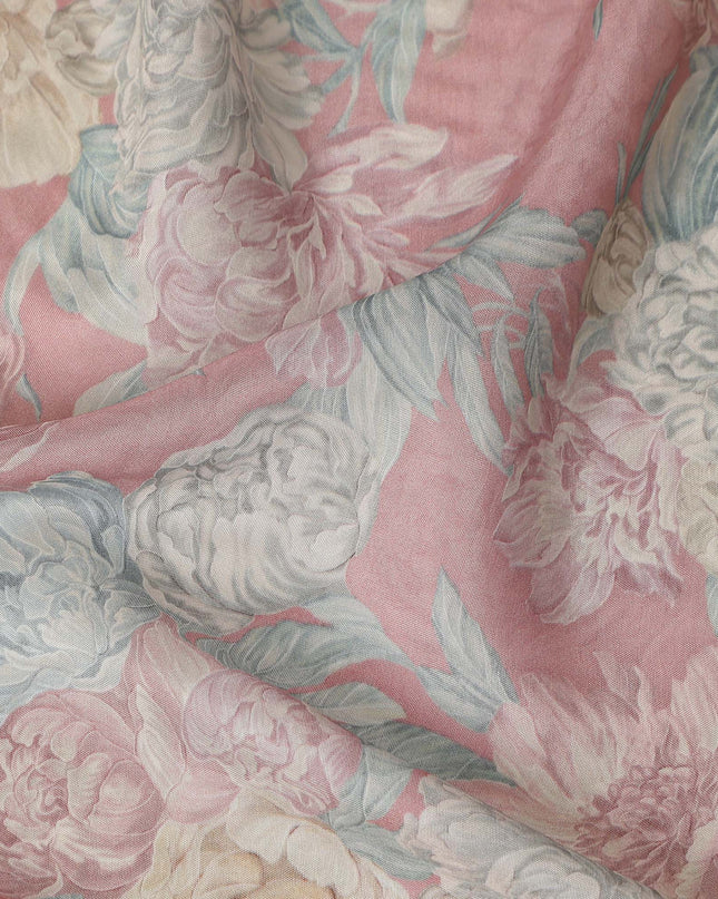 Blush Pink Vintage Peony Floral Print Synthetic Crepe Fabric, 110 Cms Width, Made in India-D28298