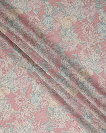 Blush Pink Vintage Peony Floral Print Synthetic Crepe Fabric, 110 Cms Width, Made in India-D28298