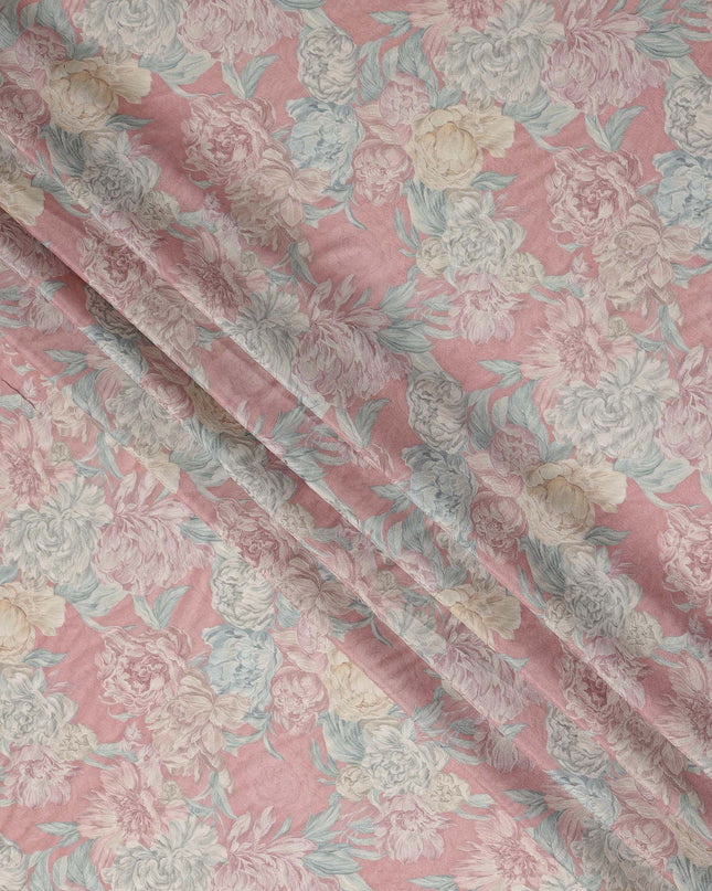 Blush Pink Vintage Peony Floral Print Synthetic Crepe Fabric, 110 Cms Width, Made in India-D28298
