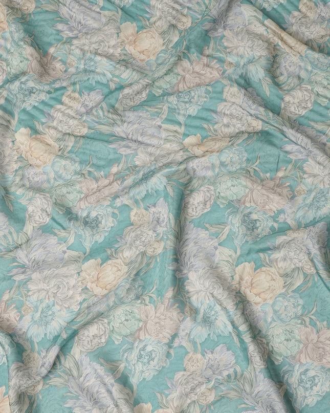 Turquoise Blue Vintage Peony Floral Print Synthetic Crepe Fabric, 110 Cms Width, Made in India-D28302