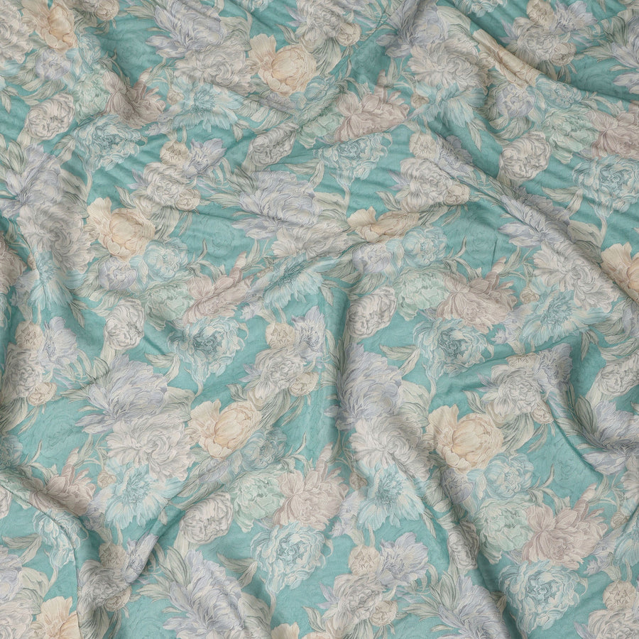 Turquoise Blue Vintage Peony Floral Print Synthetic Crepe Fabric, 110 Cms Width, Made in India-D28302