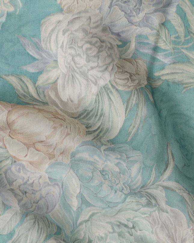 Turquoise Blue Vintage Peony Floral Print Synthetic Crepe Fabric, 110 Cms Width, Made in India-D28302