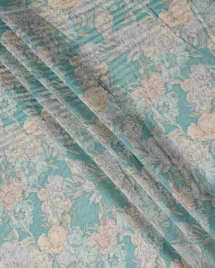 Turquoise Blue Vintage Peony Floral Print Synthetic Crepe Fabric, 110 Cms Width, Made in India-D28302