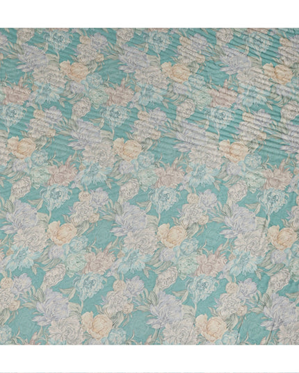 Turquoise Blue Vintage Peony Floral Print Synthetic Crepe Fabric, 110 Cms Width, Made in India-D28302