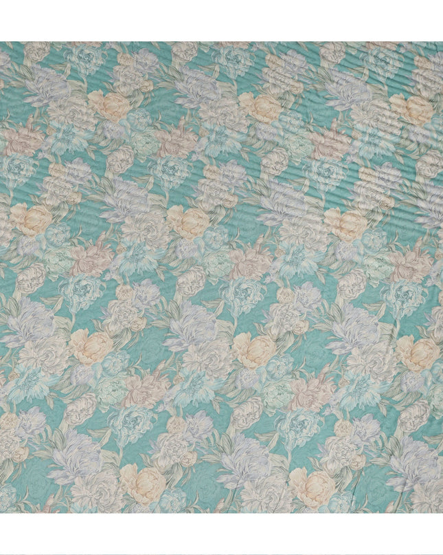 Turquoise Blue Vintage Peony Floral Print Synthetic Crepe Fabric, 110 Cms Width, Made in India-D28302