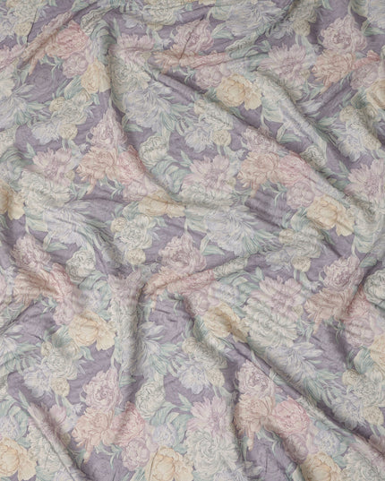 Lavender Purple Vintage Peony Floral Print Synthetic Crepe Fabric, 110 Cms Width, Made in India-D28300