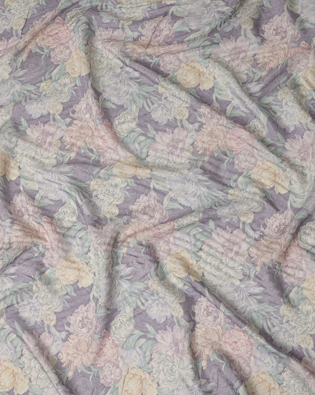 Lavender Purple Vintage Peony Floral Print Synthetic Crepe Fabric, 110 Cms Width, Made in India-D28300