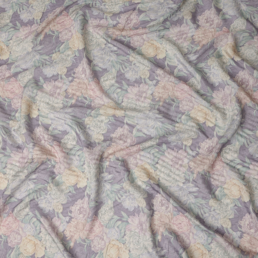 Lavender Purple Vintage Peony Floral Print Synthetic Crepe Fabric, 110 Cms Width, Made in India-D28300