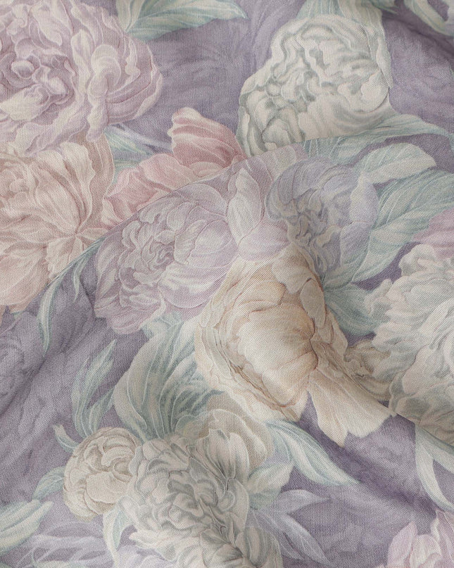 Lavender Purple Vintage Peony Floral Print Synthetic Crepe Fabric, 110 Cms Width, Made in India-D28300