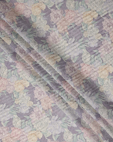 Lavender Purple Vintage Peony Floral Print Synthetic Crepe Fabric, 110 Cms Width, Made in India-D28300