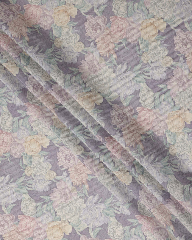 Lavender Purple Vintage Peony Floral Print Synthetic Crepe Fabric, 110 Cms Width, Made in India-D28300