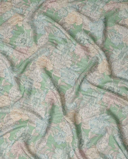 Mint Green Vintage Peony Floral Print Synthetic Crepe Fabric, 110 Cms Width, Made in India-D28301
