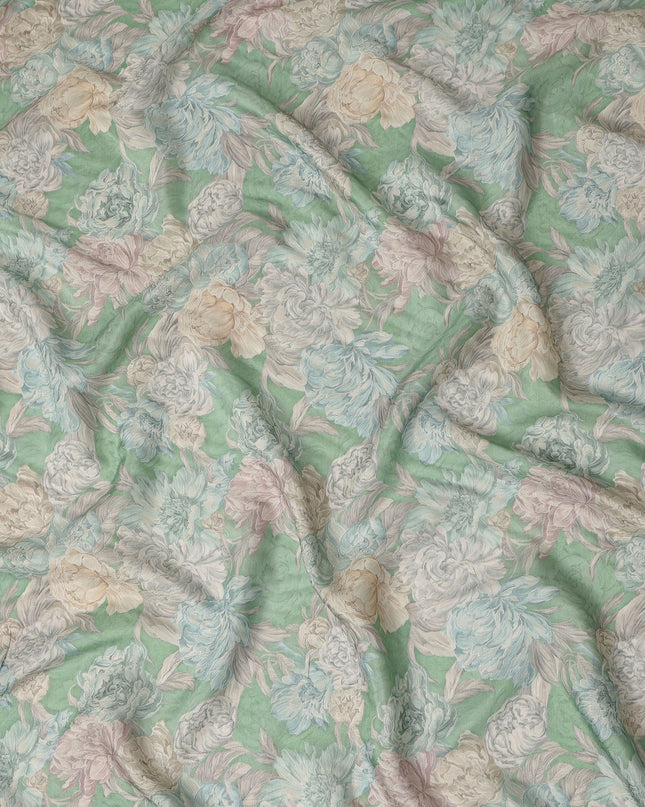 Mint Green Vintage Peony Floral Print Synthetic Crepe Fabric, 110 Cms Width, Made in India-D28301