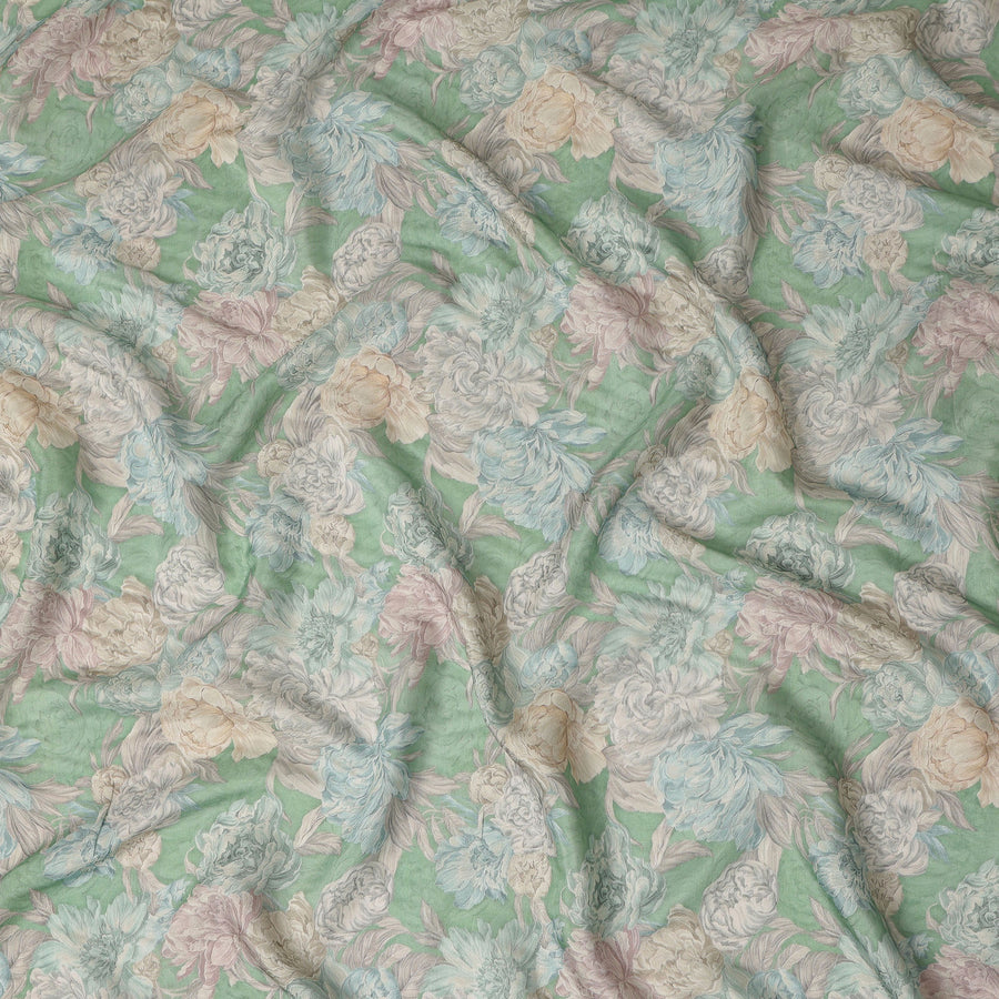 Mint Green Vintage Peony Floral Print Synthetic Crepe Fabric, 110 Cms Width, Made in India-D28301