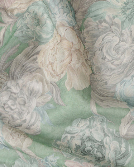 Mint Green Vintage Peony Floral Print Synthetic Crepe Fabric, 110 Cms Width, Made in India-D28301