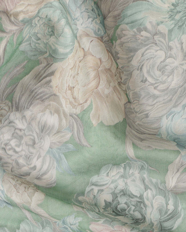 Mint Green Vintage Peony Floral Print Synthetic Crepe Fabric, 110 Cms Width, Made in India-D28301