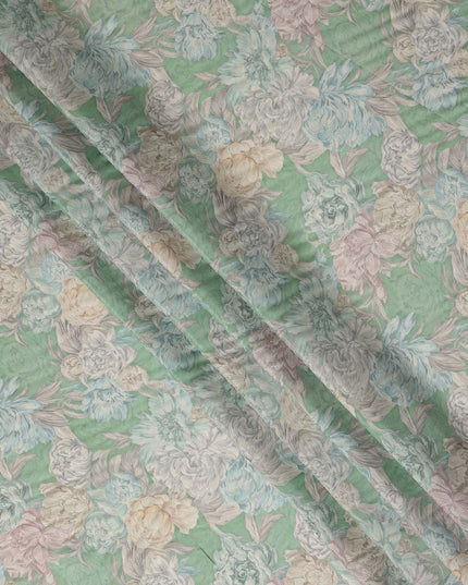 Mint Green Vintage Peony Floral Print Synthetic Crepe Fabric, 110 Cms Width, Made in India-D28301